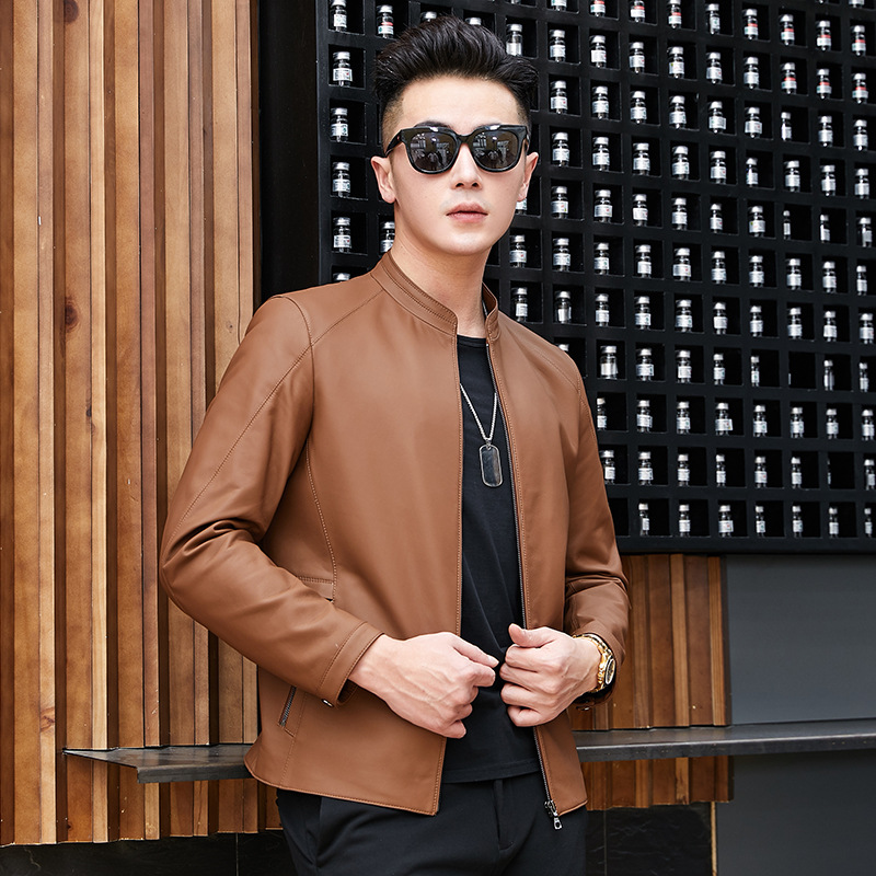 Haining Leather Jacket Spring and Autumn New Thin Genuine Leather Jacket for Middle-aged Men's Mat-gloss Style Collar Casual Leather Jacket - Image 6