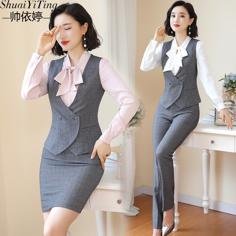 Business Fortress Women's Suit suit Work Clothes Fashion Chanel Elegant Grey Business Suit Vest Work Wear - Image 3