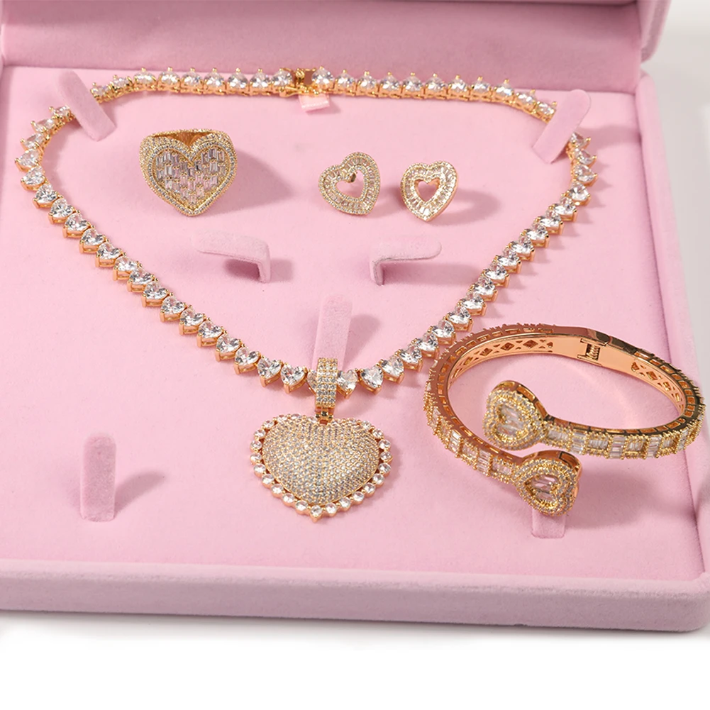 THE BLING KING Jewelry Set For Women Heart Shaped Pendant Necklace Full Iced Out Cubic Zirconia Chain Adjustable Bracelet Ring - Image 2