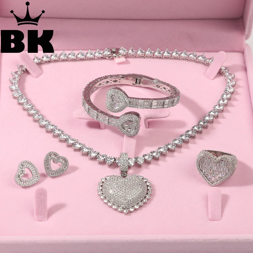 THE BLING KING Jewelry Set For Women Heart Shaped Pendant Necklace Full Iced Out Cubic Zirconia Chain Adjustable Bracelet Ring