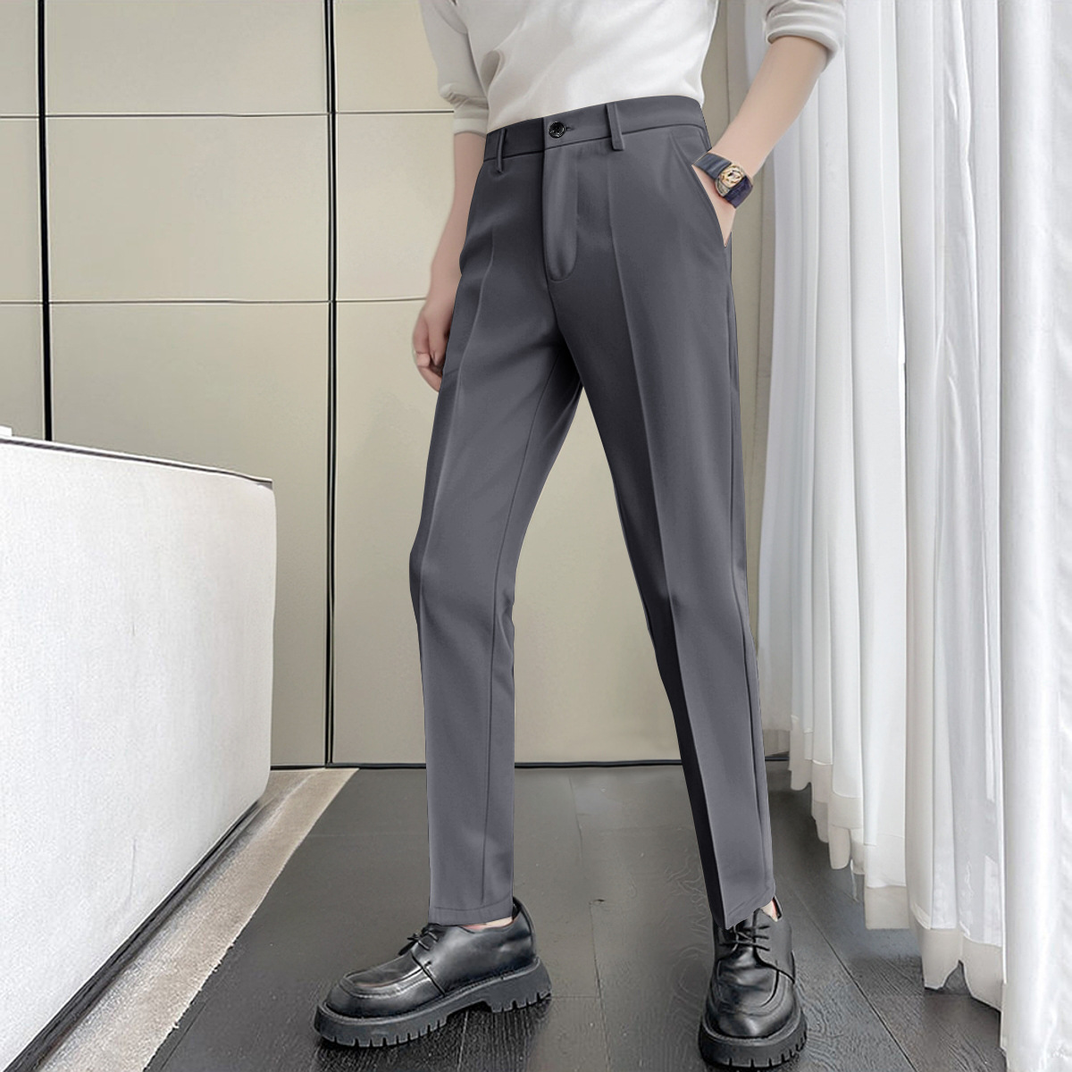 Small Western Pants Men's Cropped Autumn and Winter Thick Slim-fit Business Dress Casual Cropped Suit Pants Non-ironing Suit Pants Men's - Image 14