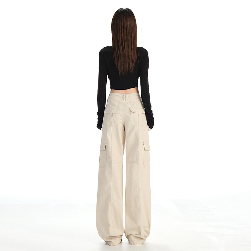 2026 Autumn American Retro Style Adjustable Waist Multi-Pocket Patchwork Design Loose Straight-Leg Casual Pants for Women - Image 4