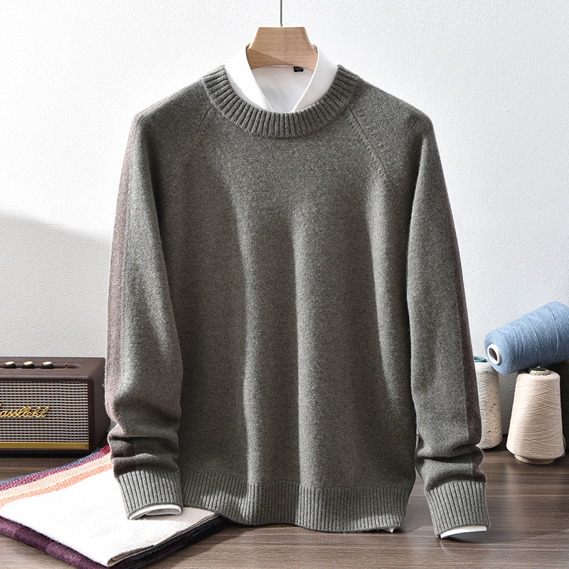 100% Pure Cashmere Men's Round Neck Color-Blocked Casual Cashmere Knitwear Autumn and Winter New Loose Warm Inner Knitwear - Image 7