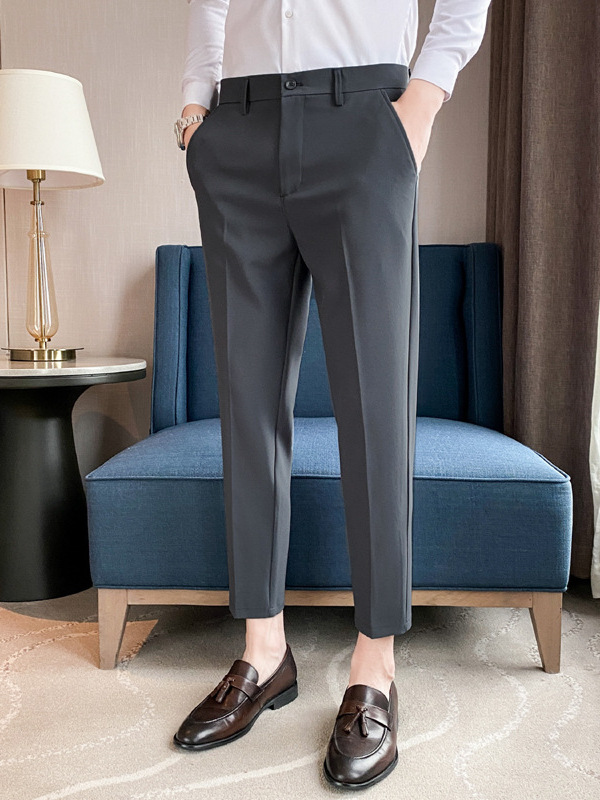 Men's Casual Pants Spring and Autumn Nine-point Pants Men's Slim-fit fleece-lined Warm Nine-point Small Pants Black Ins Trousers Men - Image 2