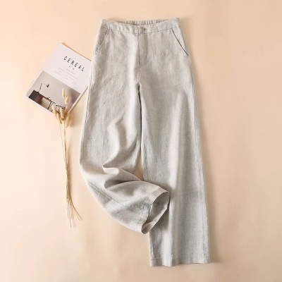 Solid Color Linen Wide-Leg Women's Pants 2023 Summer Loose Slimming Drapey High-Waisted Straight Nine-Point Length Leg-Lengthening - Image 6
