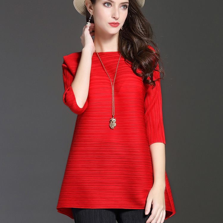 2026 Spring and Autumn New Style Three-Quarter Sleeve Versatile Top Simple T-Shirt Trendy Plus Size Loose Pleated Women's Clothing - Image 6