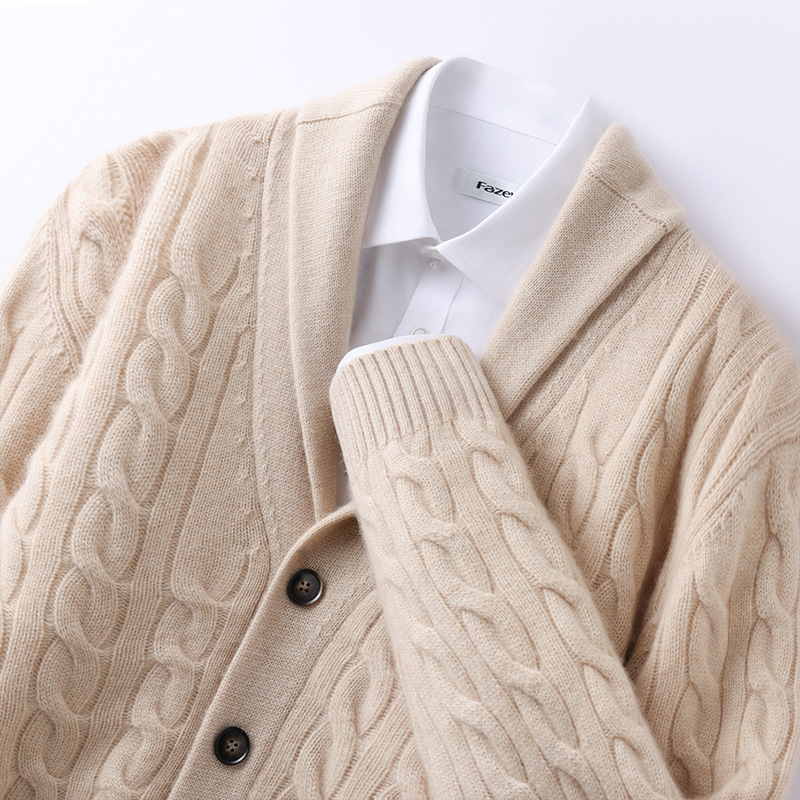 Thickened Autumn and Winter Retro Twisted Green Fruit Collar Cashmere Knitted Cardigan Men's Casual Sweater Loose Jacket Fashion - Image 6