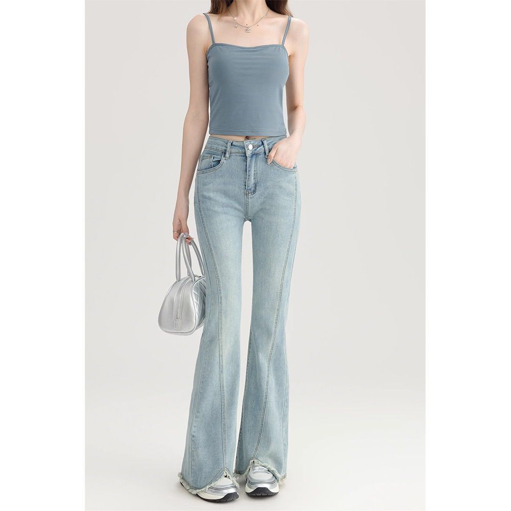 High Waist Micro-flared Jeans Women's 2025 Spring New Arrival Short-length Rag-edge Design Stretch Slim-fit Horseshoe Pants - Image 2