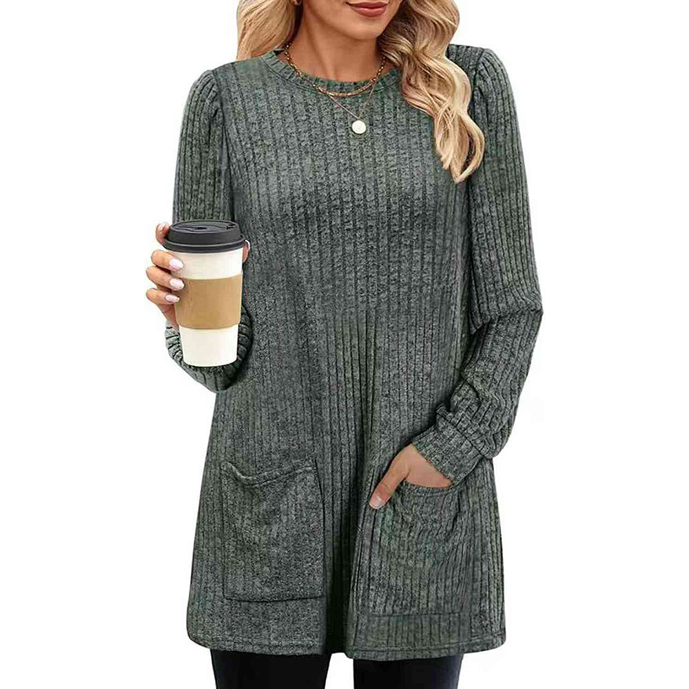 2023 Europe and the United States cross-border autumn and winter new supply long sweater crew neck pit solid color pocket long shirt women - Image 11