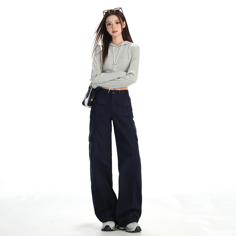 2026 Autumn American Retro Style Adjustable Waist Multi-Pocket Patchwork Design Loose Straight-Leg Casual Pants for Women - Image 6