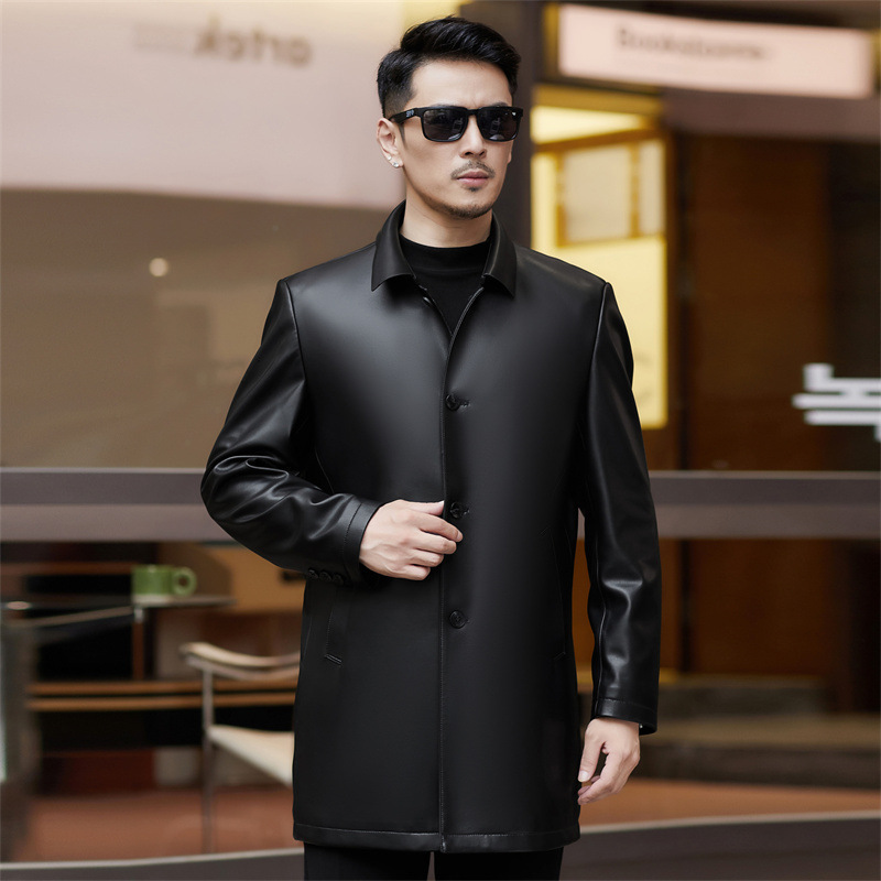 Haining Autumn and Winter Leather Jacket Men's Mid-Length Business Lapel Goatskin Windbreaker Spring & Fall Thin Leather Jacket Middle-Aged Jacket - Image 7
