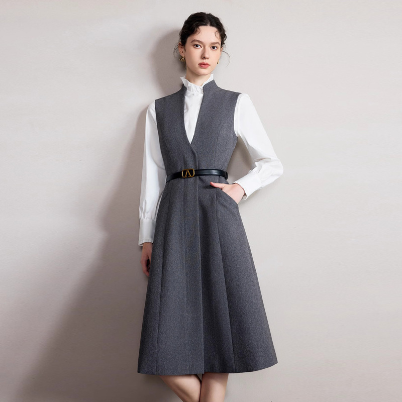 Spring and Autumn Fashion Design Sense Professional Suit dress High-grade Grey Small Vertical Collar Slim Vall Sleeveless dress - Image 2
