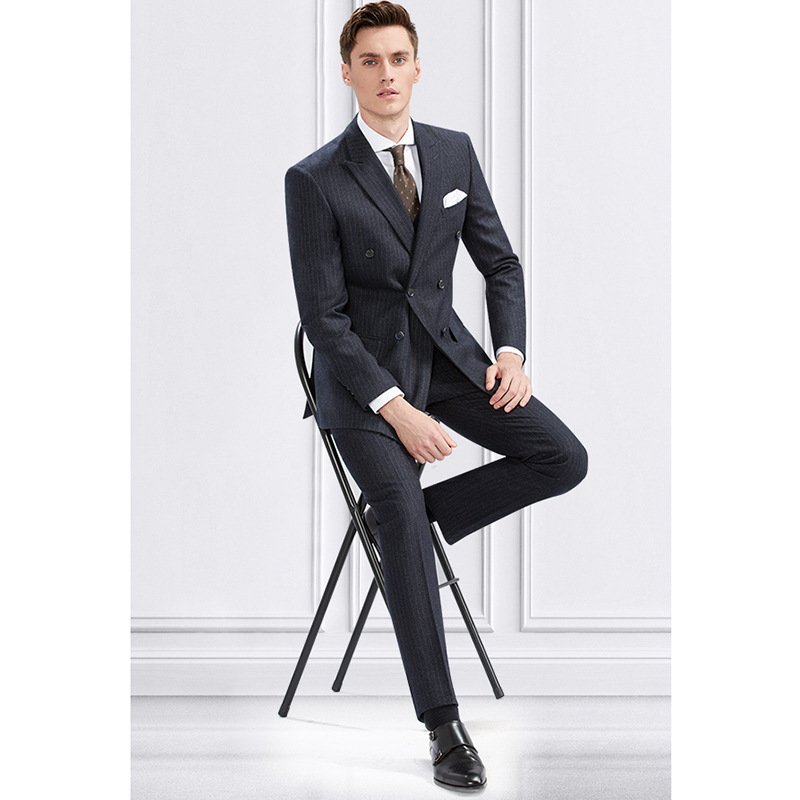 Double Breasted Suit Men's Suit British Grey Stripe Business Casual Suit Men's Dress Slim-fit Groom Wedding Dress - Image 3