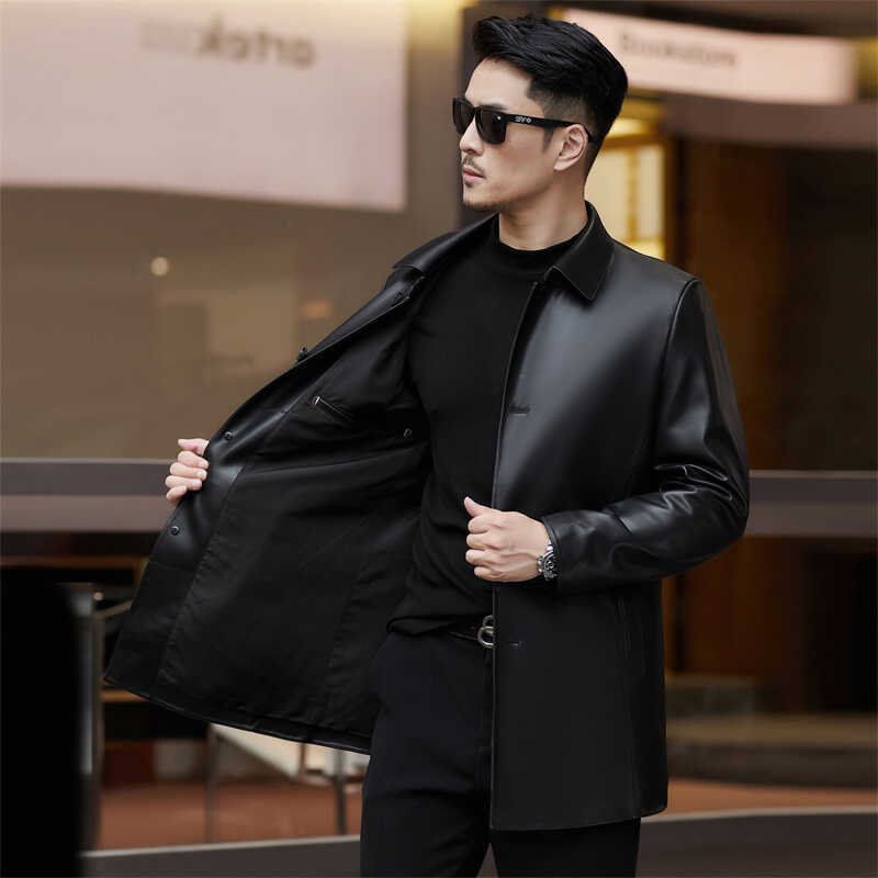 Haining Autumn and Winter Leather Jacket Men's Mid-Length Business Lapel Goatskin Windbreaker Spring & Fall Thin Leather Jacket Middle-Aged Jacket