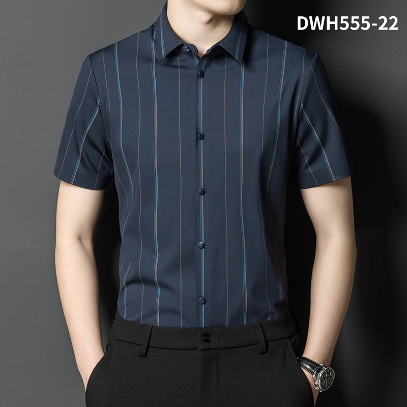 Summer New Vertical Striped Shirt for Men, Short-Sleeved Business Casual High-Elastic Seamless Shirt, Slim Fit Light Business - Image 13