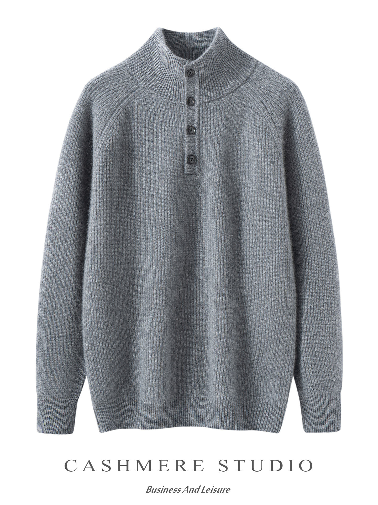 Autumn and Winter New 100% Cashmere Sweater for Men, Stand Collar, Buttoned, Solid Color, Thick Knit Sweater, Business Casual Base Layer - Image 3