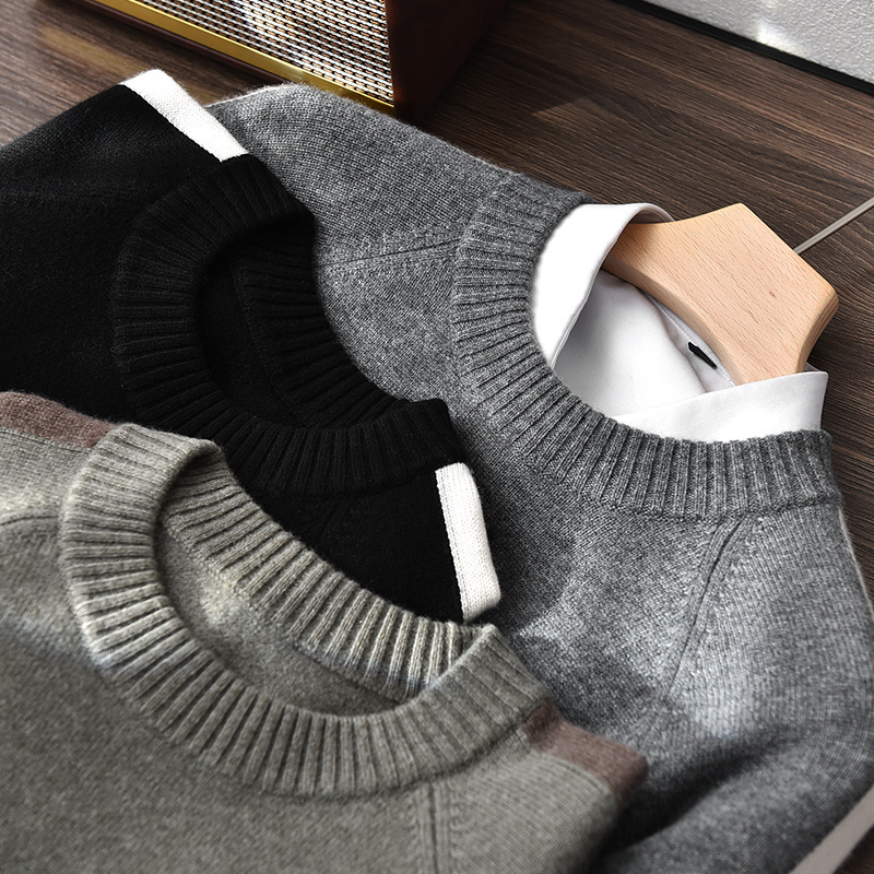 100% Pure Cashmere Men's Round Neck Color-Blocked Casual Cashmere Knitwear Autumn and Winter New Loose Warm Inner Knitwear - Image 4