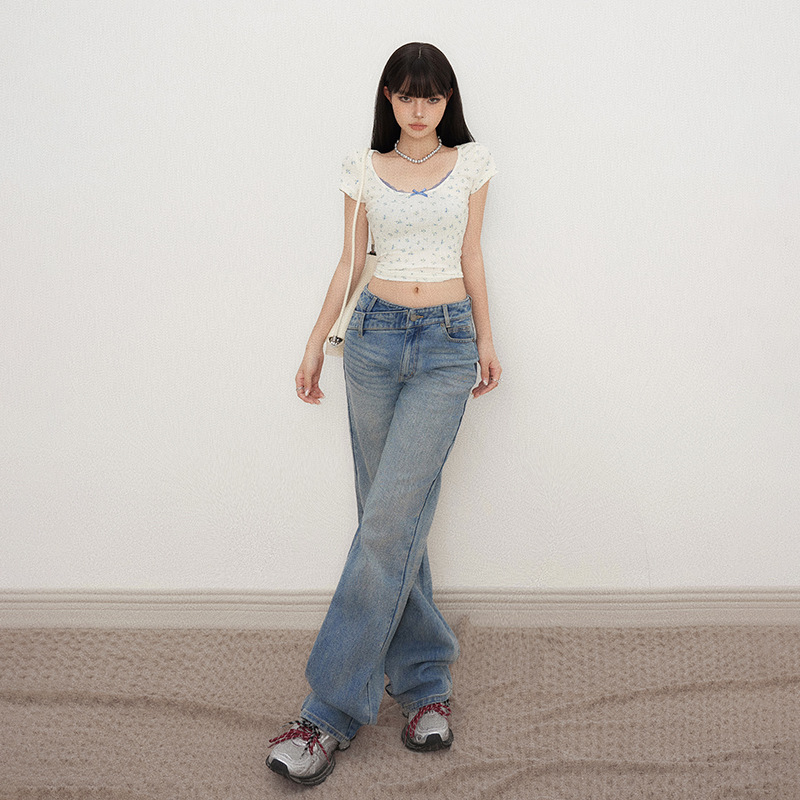 Retro American-Style Low-Waist Loose Straight-Leg Pants with Irregular Waist Design, Versatile Slim-Fit Narrow Jeans for Women - Image 4