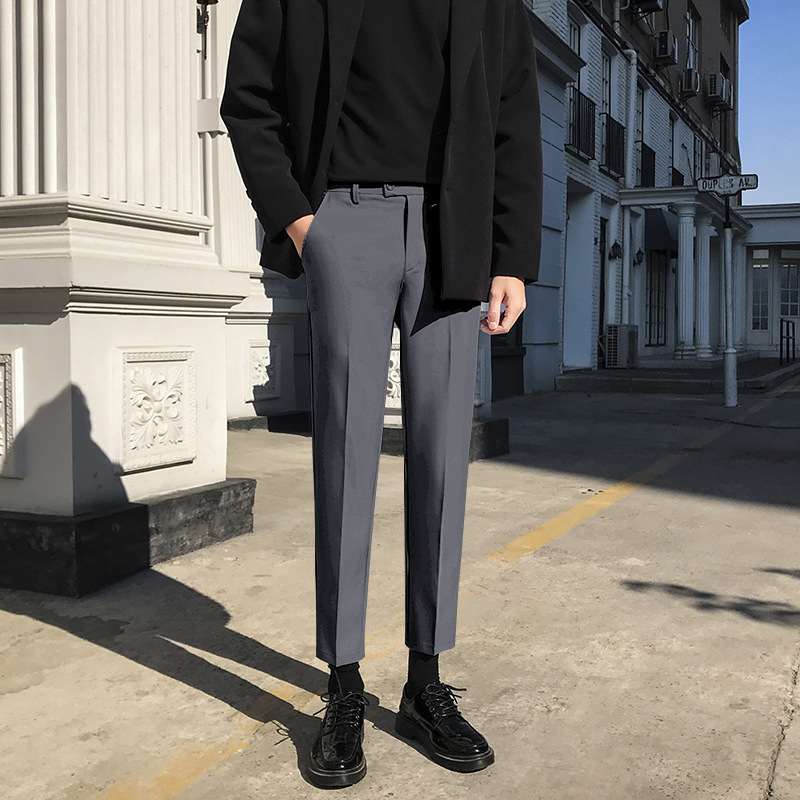 Autumn New Korean Style Straight-Leg Cropped Suit Pants for Men, Wrinkle-Free Slim-Fit Tapered Casual Suit Trousers - Image 6