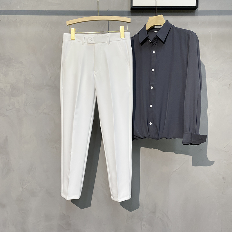Spring Draped Trousers for Men with Small Feet, Straight Slim Fit Nine-Point Suit Trousers, Casual Men's Large Size Non-Iron Long Trousers, Trendy - Image 13