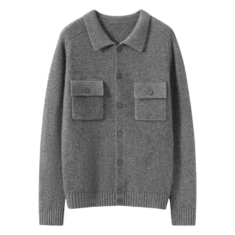 100% Pure Cashmere Cardigan Autumn and Winter Men's Lapel Bottoming Shirt Middle-Aged Business Casual Single-Breasted Jacket Ready for Sale - Image 5