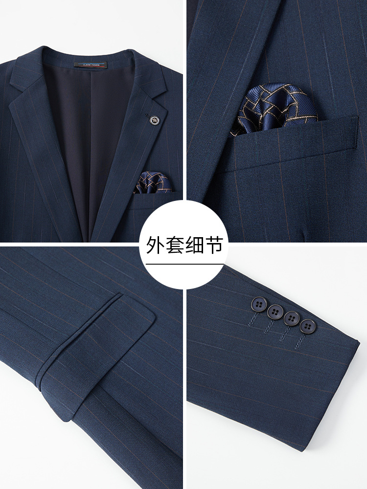 Men's Suit for Light Business Casual Occasions, Blue Striped Side Slit Groom's Suit, Slim Fit Style - Image 4