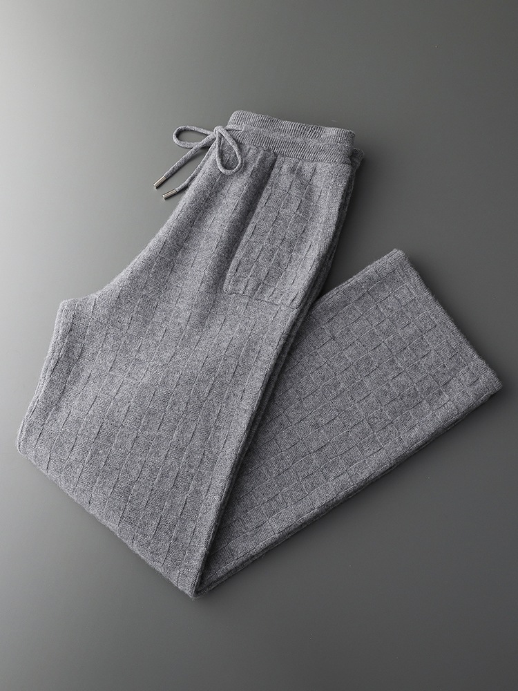 Men's Cashmere High-Waisted Jacquard Lace-Up Elastic Waist Straight-Leg Knit Wool Pants Casual Wide-Leg Trousers New Autumn and Winter Style - Image 3