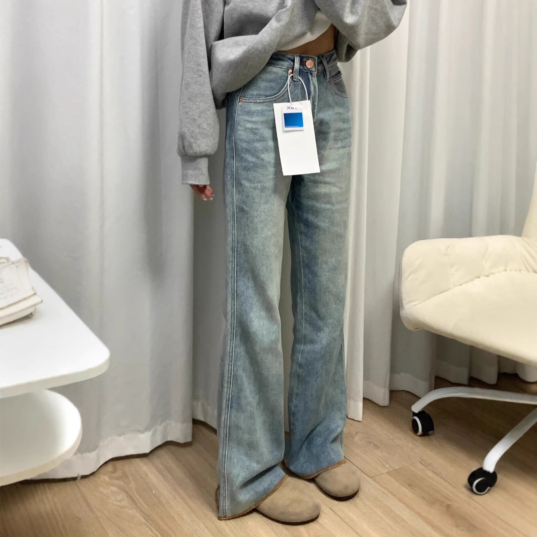 Light Blue Non-Leg-Fitting Bootcut Jeans for Women 2024 New Large Size Fat mm High Waist Loose Slimming Look Flared Pants - Image 2