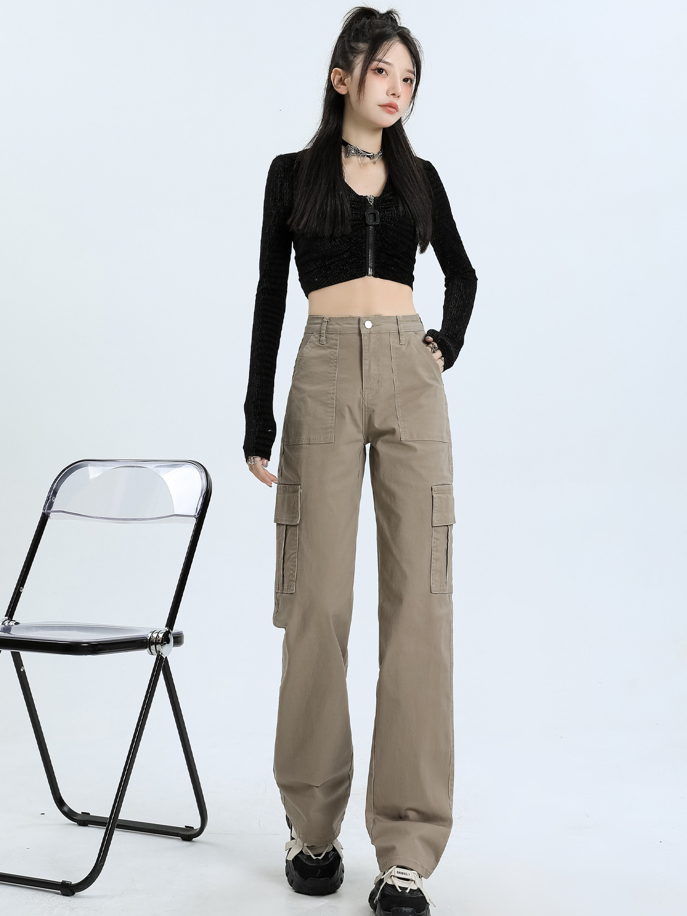 American Style Overalls Women's 2025 New Style Hot Girl Design Sense Multi-Pocket High Waist Loose Casual Wide Leg Straight Pants - Image 3