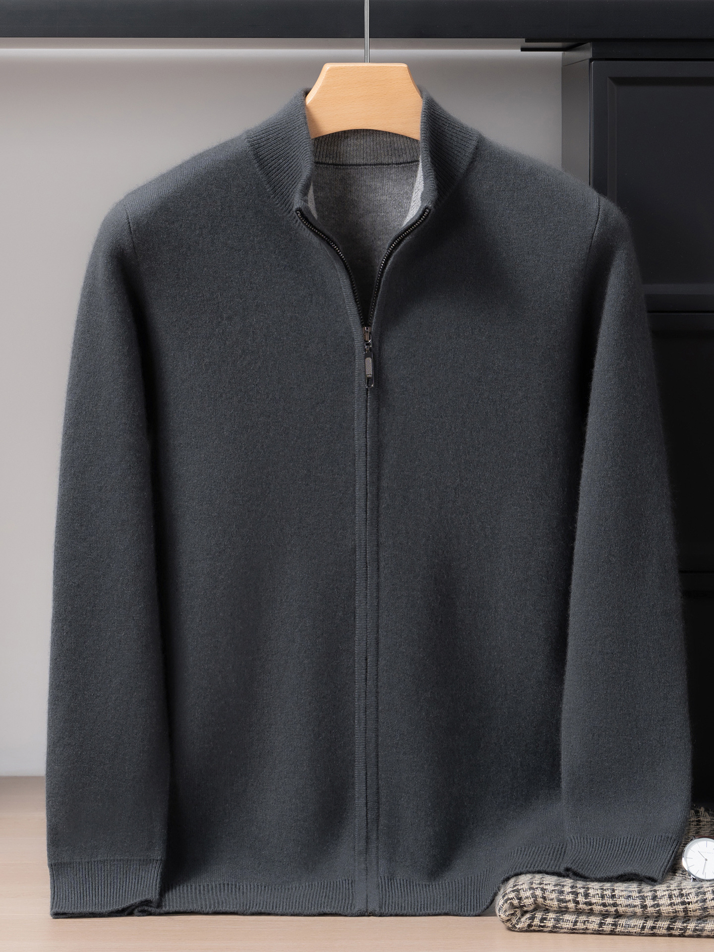 Thickened Cashmere Cardigan Men's Autumn and Winter Stand-Up Collar Air Layer Knitted Top Versatile Casual Zipper Sweater Jacket - Image 2