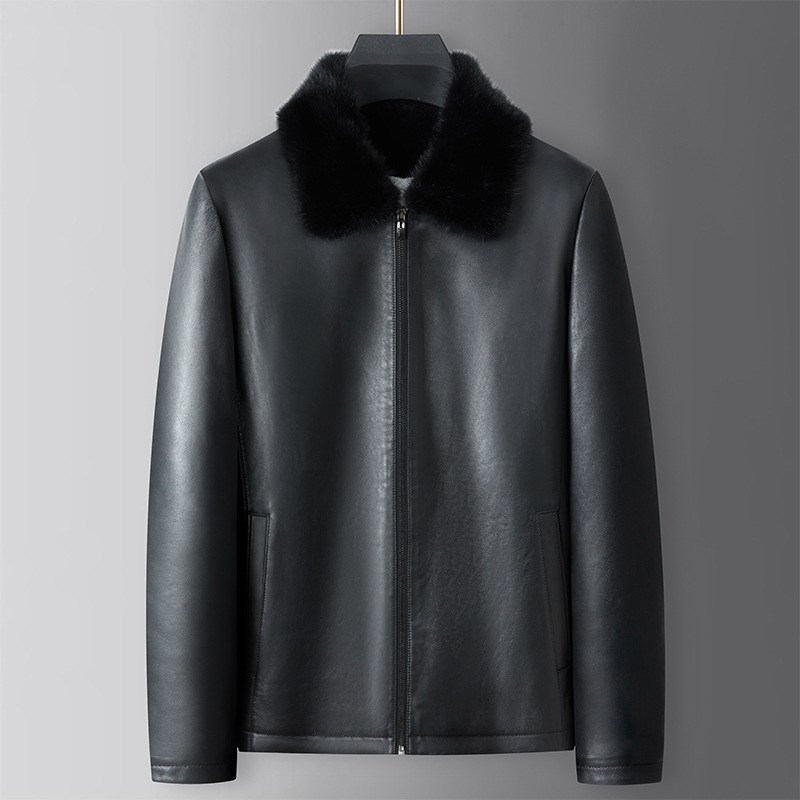 Imported Sheepskin Jacket for Middle-Aged Men with Mink Fur Lining, Wool Integrated Lapel, Short Leather Jacket, Mink Fur Coat - Image 2