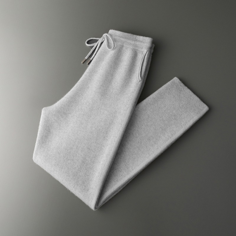 Autumn and Winter Thickeneded Four-Flat Wear-Resistant Cashmere Knitted Pants for Men with Pockets, Elastic Waist, Lace-Up Pure Color Pants - Image 6