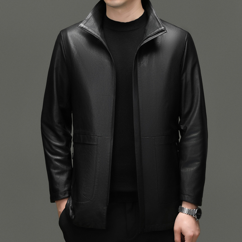 Men's Genuine Leather First-Layer Goatskin Leather Jacket Middle-Aged Stand-Up Collar Business Casual Leather Jacket Jacket Dad Top Men - Image 4