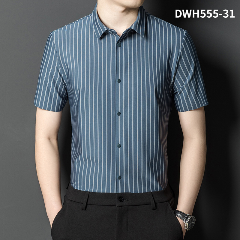Summer New Vertical Striped Shirt for Men, Short-Sleeved Business Casual High-Elastic Seamless Shirt, Slim Fit Light Business - Image 18
