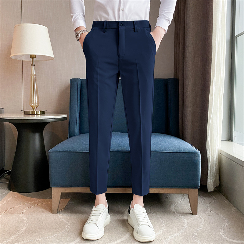 Men's Casual Pants Spring and Autumn Nine-point Pants Men's Slim-fit fleece-lined Warm Nine-point Small Pants Black Ins Trousers Men - Image 9
