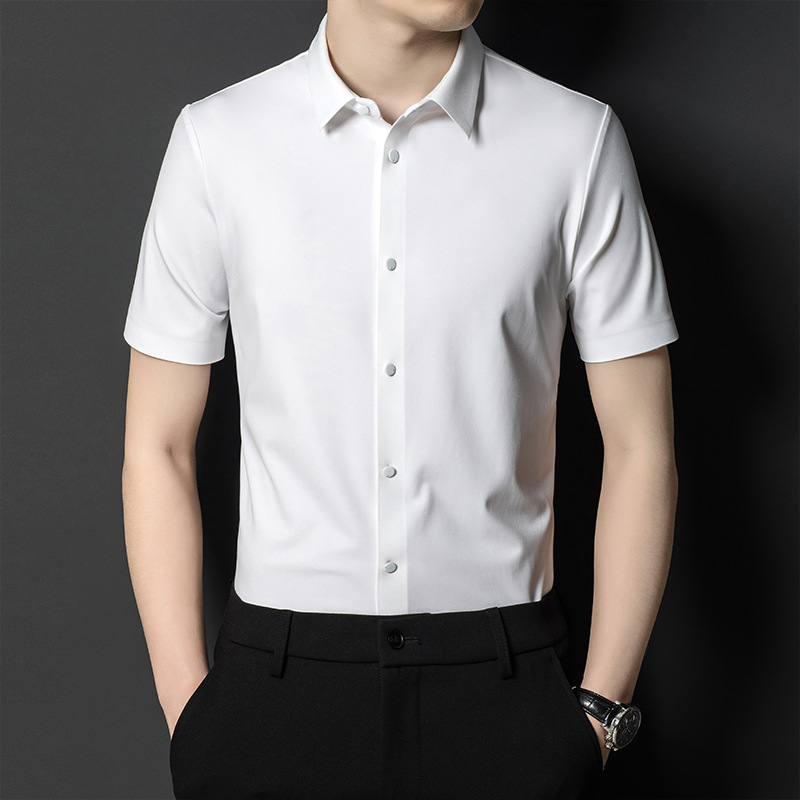 Summer New Vertical Striped Shirt for Men, Short-Sleeved Business Casual High-Elastic Seamless Shirt, Slim Fit Light Business - Image 4