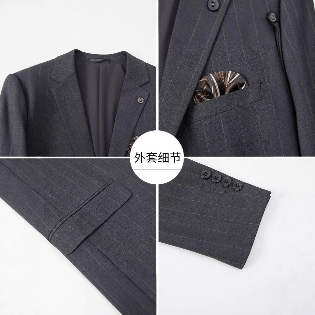 New Men's Suit High-End Three-Piece Suit Light Business Casual Slim Korean Style Striped Side Slit Groom Suit - Image 4