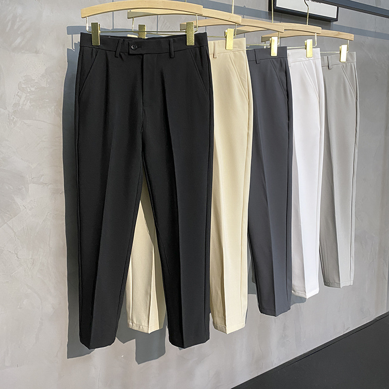 Spring Draped Trousers for Men with Small Feet, Straight Slim Fit Nine-Point Suit Trousers, Casual Men's Large Size Non-Iron Long Trousers, Trendy - Image 4