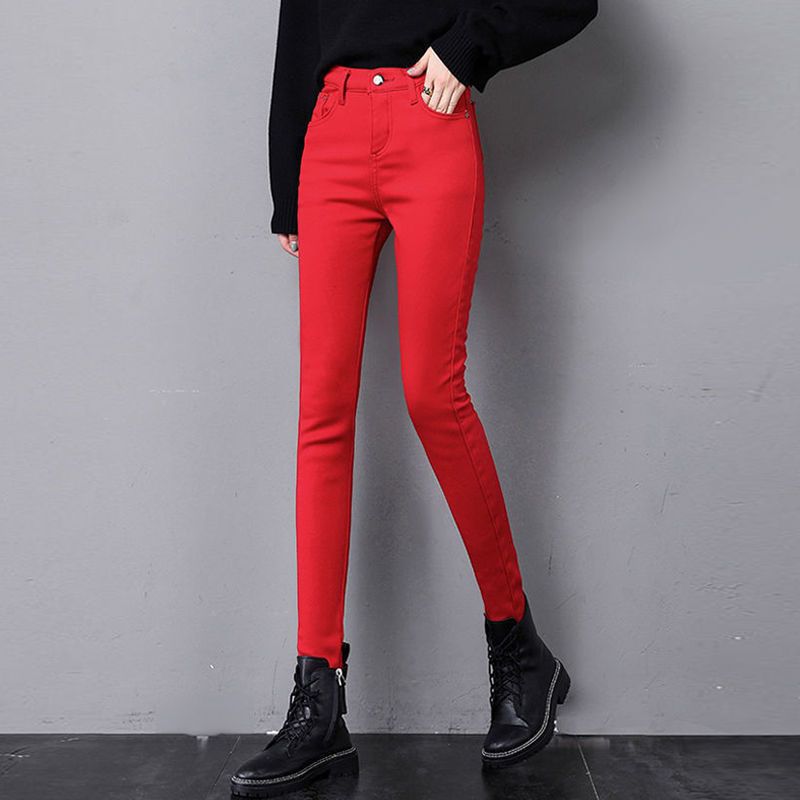 Red Jeans Women's 2024 Autumn and Winter Plus Velvet High Waist Slim Fit Small Foot Casual Pants Straight-Leg Pencil Pants - Image 7