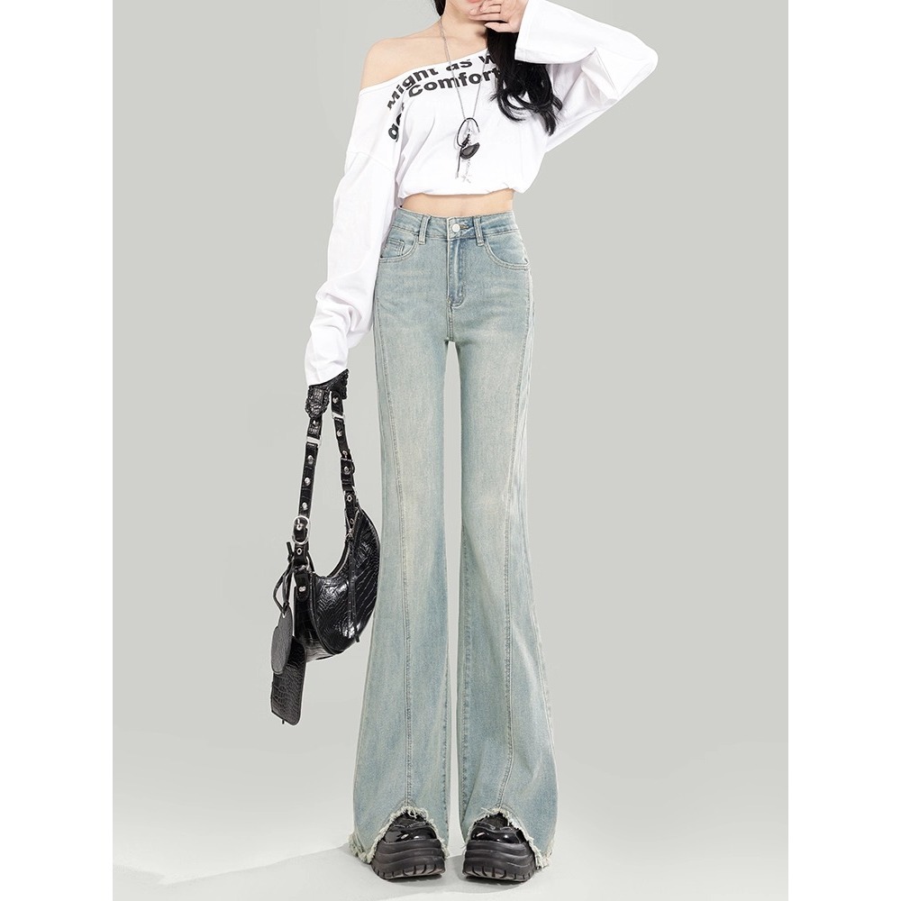 Light-Colored Raw Edge Bootcut Jeans for Women 2025 New Spring High-Waisted Petite Bell-Bottom Jeans for Women
