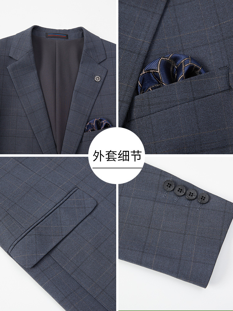 Blue Plaid Suit Set for Men, Wrinkle-Free Business Suit for Young and Middle-Aged Men, Suitable for Weddings and Banquets, Made of High-Quality Suit Fabric - Image 4