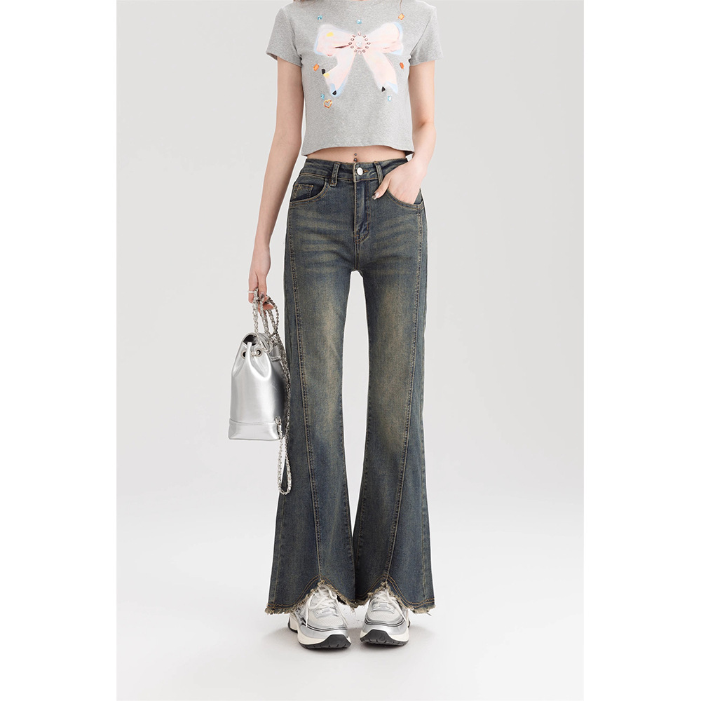 Rust Design Sense Micro-flare Jeans Women's 2025 Spring New High Waist Elastic Slim-fit Horseshoe Pants - Image 4