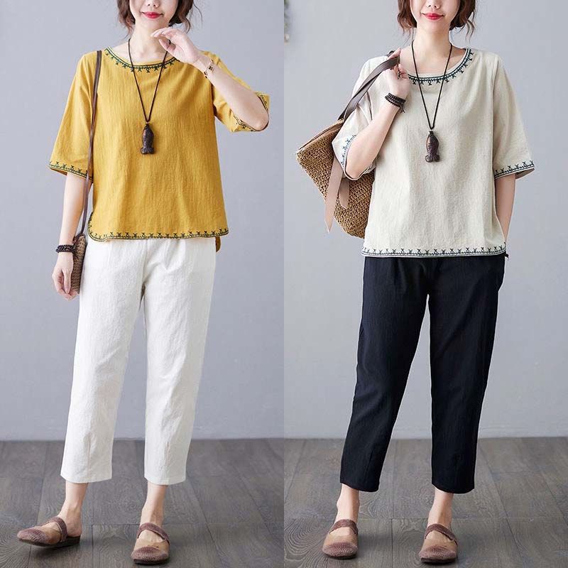 Literary Retro Cotton and Linen Pure Color Embroidered Round Neck Five-Quarter Sleeve T-Shirt Summer New Large Size Loose Versatile Top for Women - Image 2