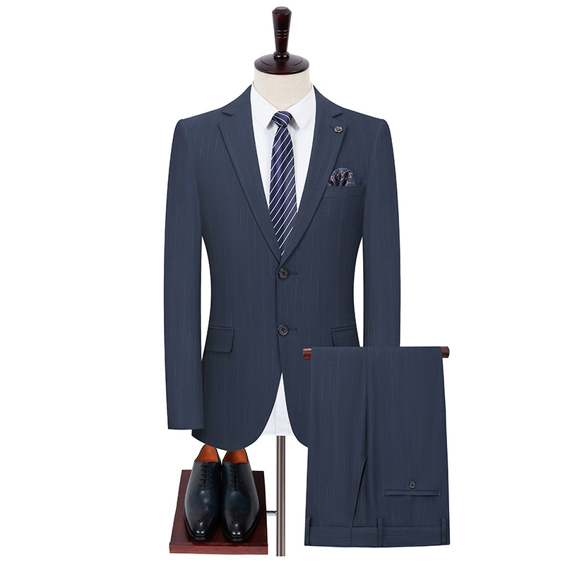 Men's Suit for Light Business Casual Occasions, Blue Striped Side Slit Groom's Suit, Slim Fit Style - Image 8