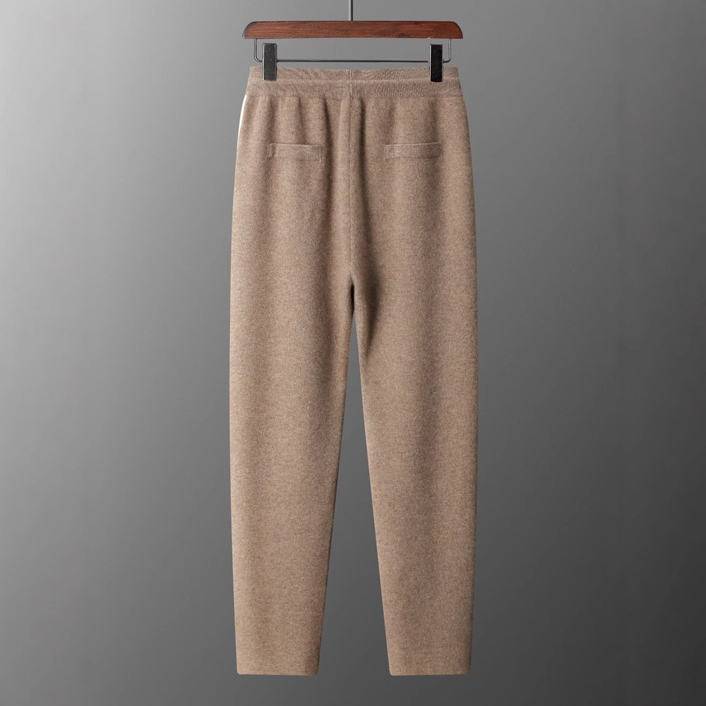 Autumn and Winter Thickeneded Four-Flat Wear-Resistant Cashmere Knitted Pants for Men with Pockets, Elastic Waist, Lace-Up Pure Color Pants - Image 3