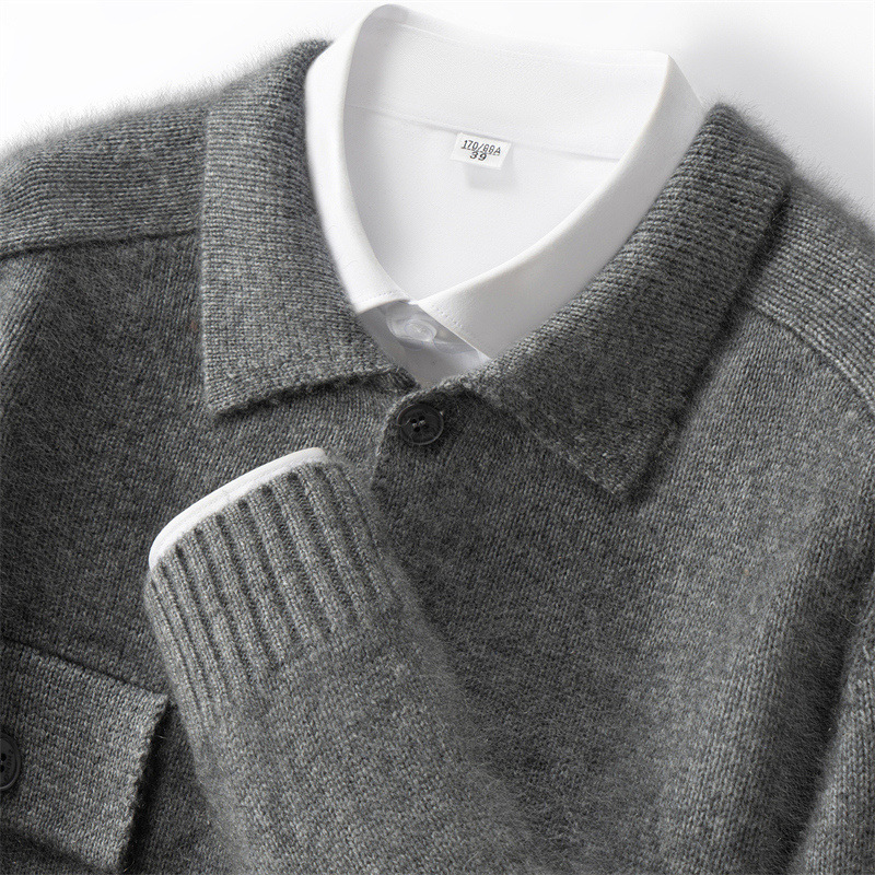 100% Pure Cashmere Cardigan Autumn and Winter Men's Lapel Bottoming Shirt Middle-Aged Business Casual Single-Breasted Jacket Ready for Sale - Image 4