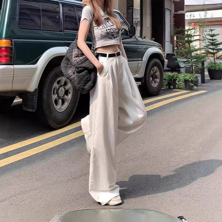 White Wide-Leg Jeans for Women, Summer Thin Fashion Slimming Loose Casual Pleated Drape Versatile Floor-Length Pants - Image 3