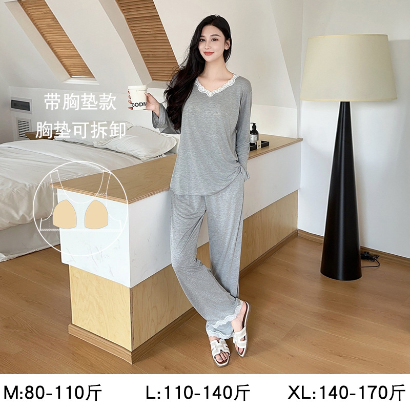 Pajamas with Breast Pads for Women, Spring and Autumn Modal Suit, Large Size 2026 New Autumn Long-Sleeved Long Pants Home Wear - Image 9
