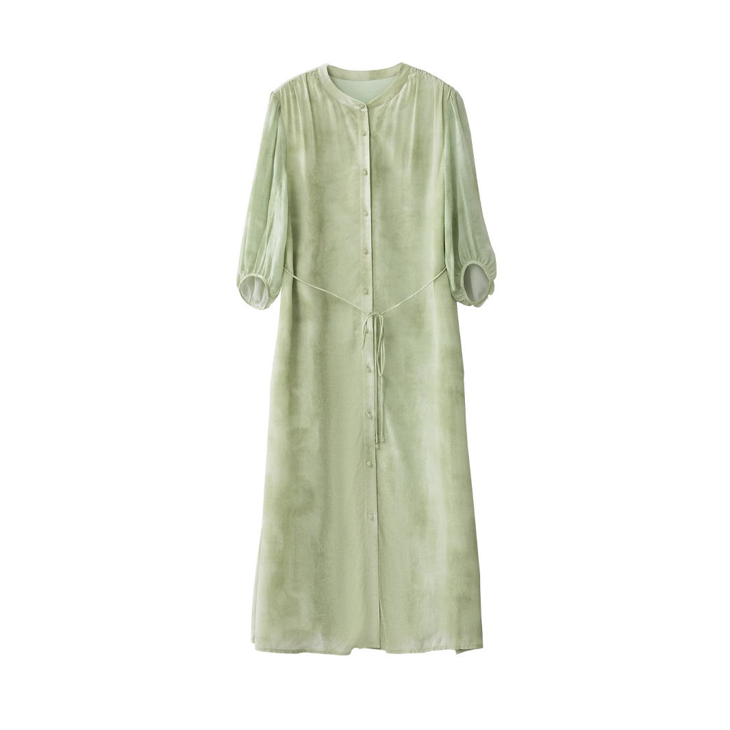 Craftsmanship of Color Dyeing, 100% Mulberry Silk, Chinese Style Printed Dress, Stand Collar Tie-Up Shirt Dress, Spring - Image 5