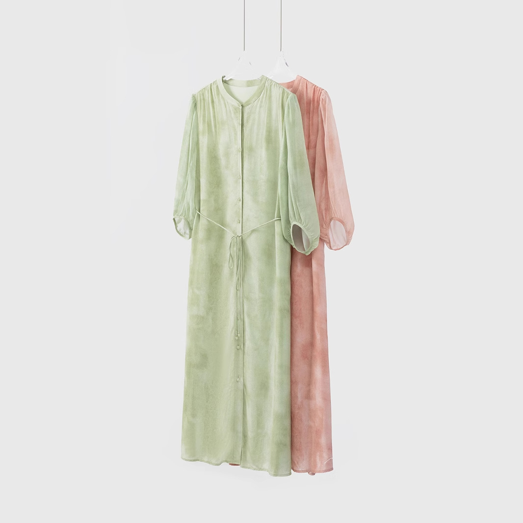 Craftsmanship of Color Dyeing, 100% Mulberry Silk, Chinese Style Printed Dress, Stand Collar Tie-Up Shirt Dress, Spring - Image 2